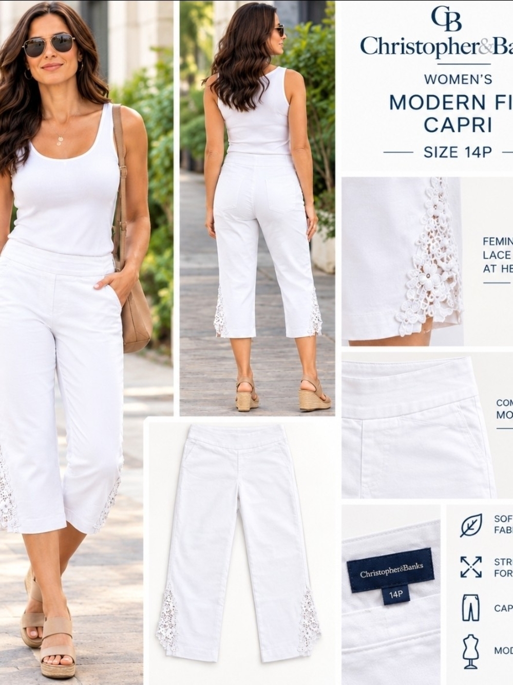 Christopher& Banks White Capri Pants with Lace Side Trim/Signature Slimming 14 P